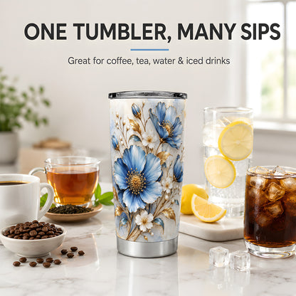 Blue Floral Tumbler, 20oz Tumbler with Gold Accent Botanical Artwork