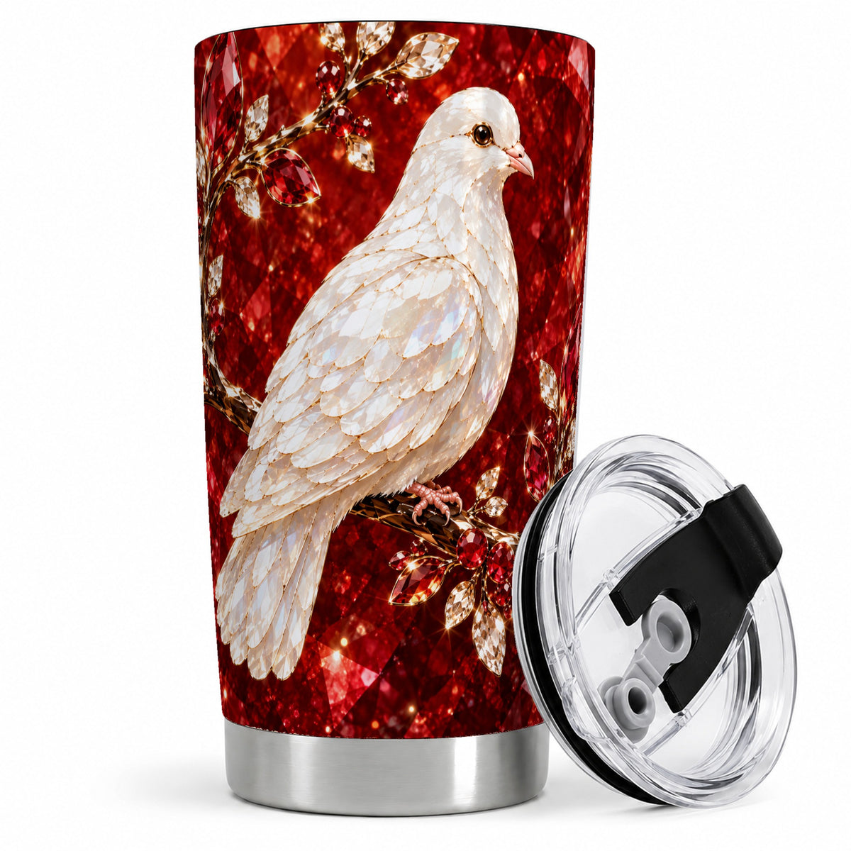 White Dove Tumbler, 20oz Tumbler with Red Jewel Botanical Artwork