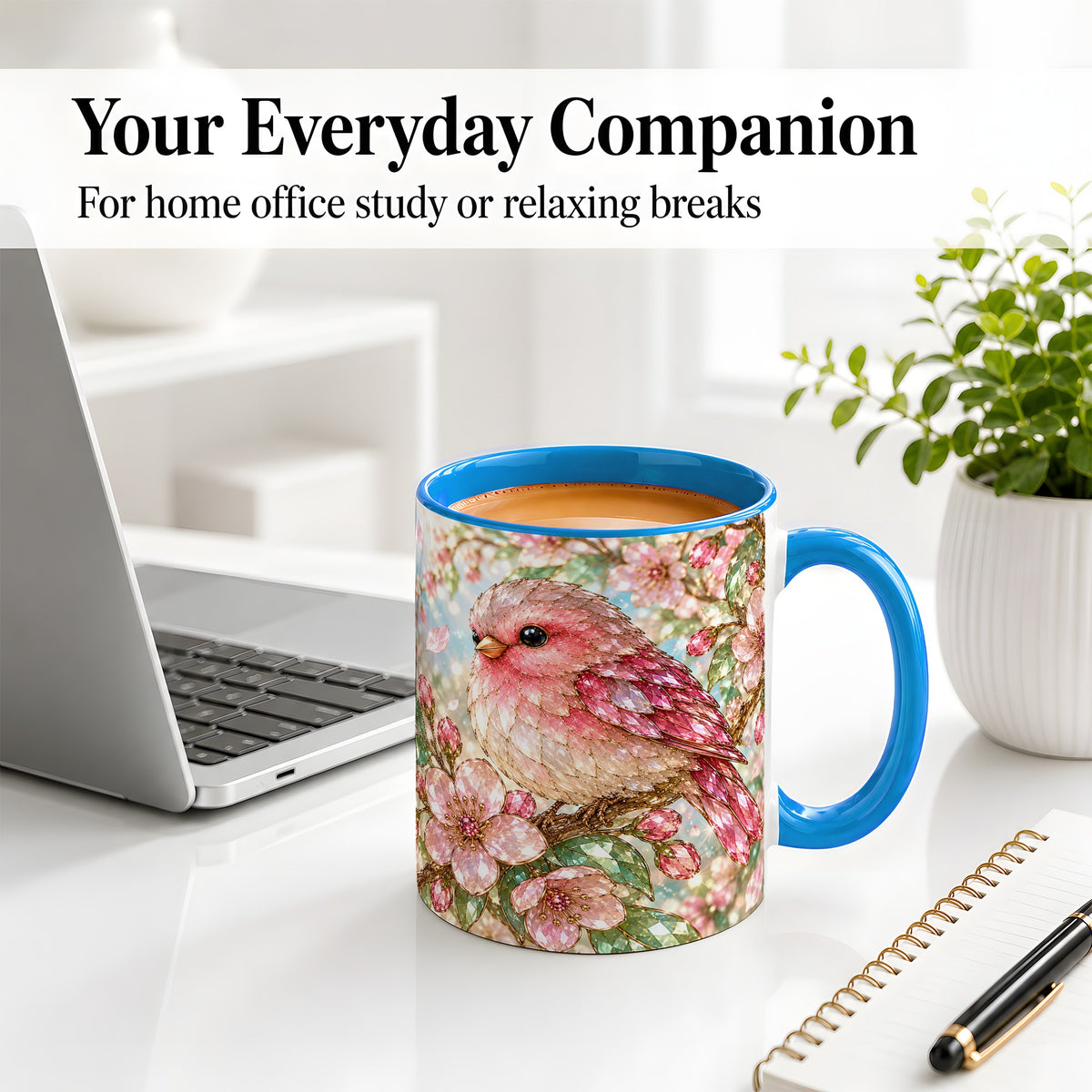 #pl[11oz|Blue] Pink Bird Blossom Ceramic Mug, Faceted Floral Artwork for Bird Lovers
