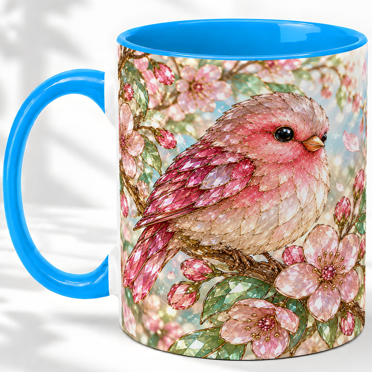 #pl[11oz|Blue] Pink Bird Blossom Ceramic Mug, Faceted Floral Artwork for Bird Lovers