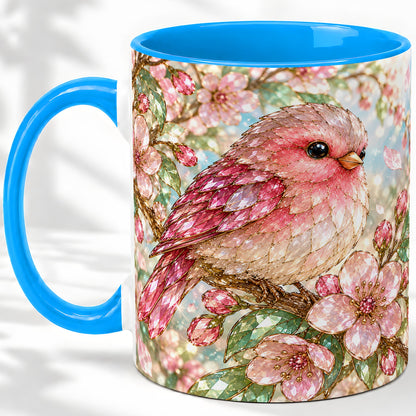 #pl[11oz|Blue] Pink Bird Blossom Ceramic Mug, Faceted Floral Artwork for Bird Lovers