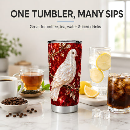 White Dove Tumbler, 20oz Tumbler with Red Jewel Botanical Artwork
