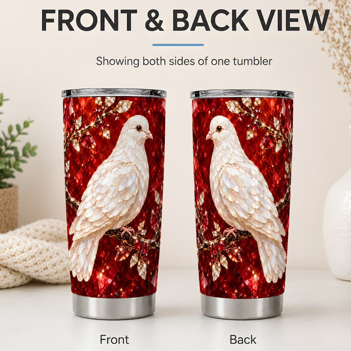 #pl[20oz|Steel] White Dove Tumbler, 20oz Tumbler with Red Jewel Botanical Artwork