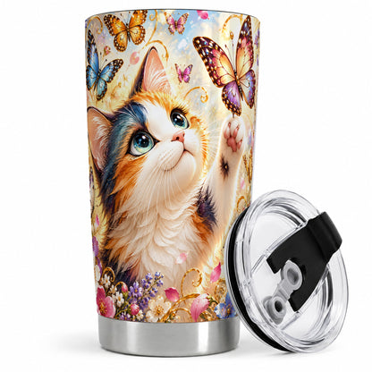 Calico Cat Butterfly Tumbler, 20oz Tumbler with Floral Garden Artwork