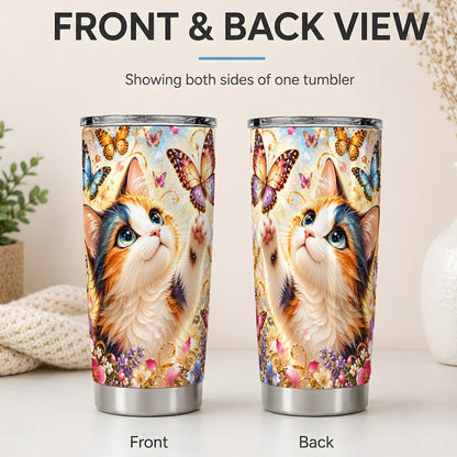 #pl[20oz|Steel] Calico Cat Butterfly Tumbler, 20oz Tumbler with Floral Garden Artwork