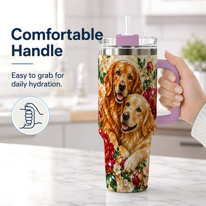 #pl[40oz|Pink] Faceted Golden Retriever Floral 40oz Tumbler, Drinkware for Dog Lovers