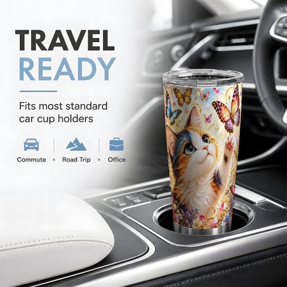 Calico Cat Butterfly Tumbler, 20oz Tumbler with Floral Garden Artwork