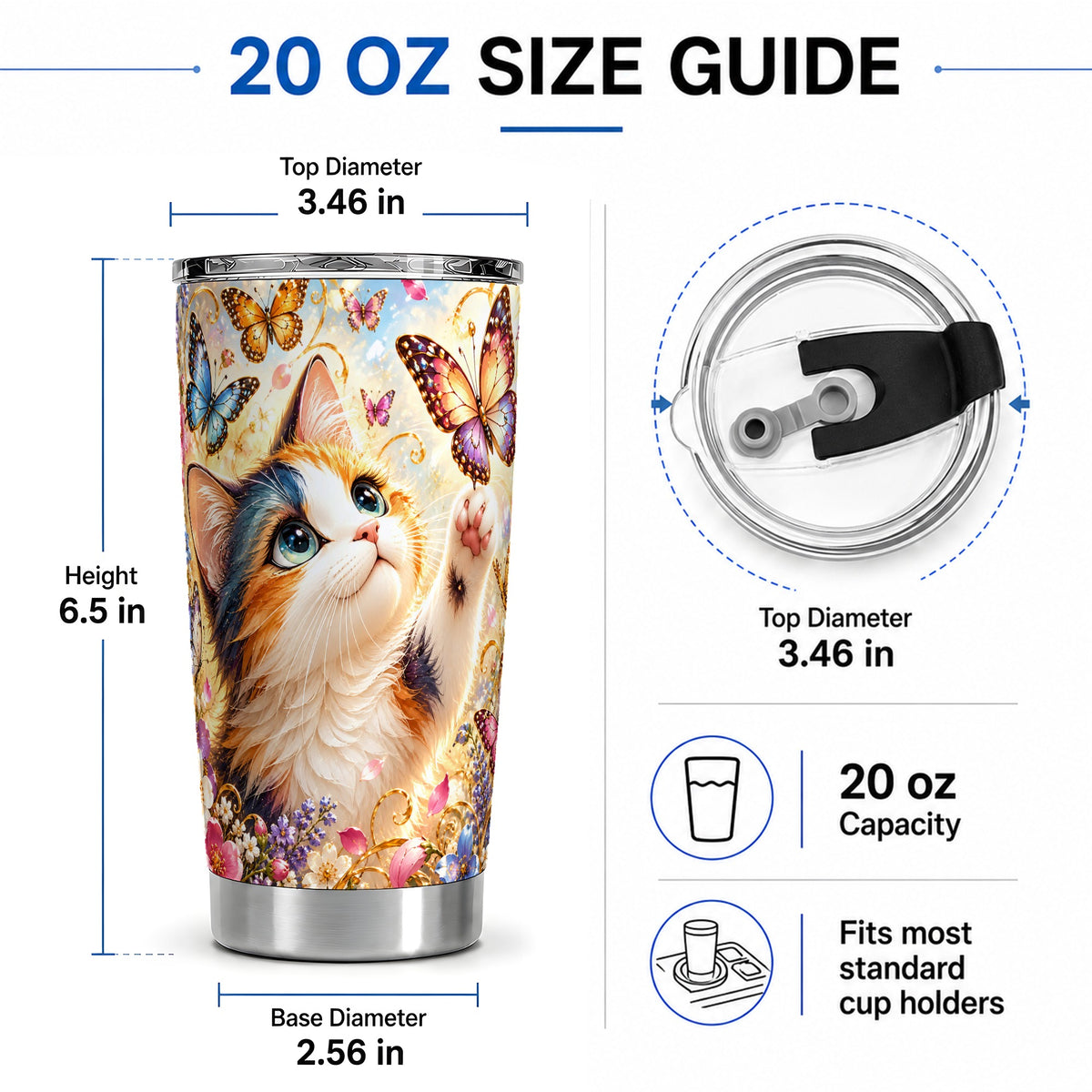 #pl[20oz|Steel] Calico Cat Butterfly Tumbler, 20oz Tumbler with Floral Garden Artwork