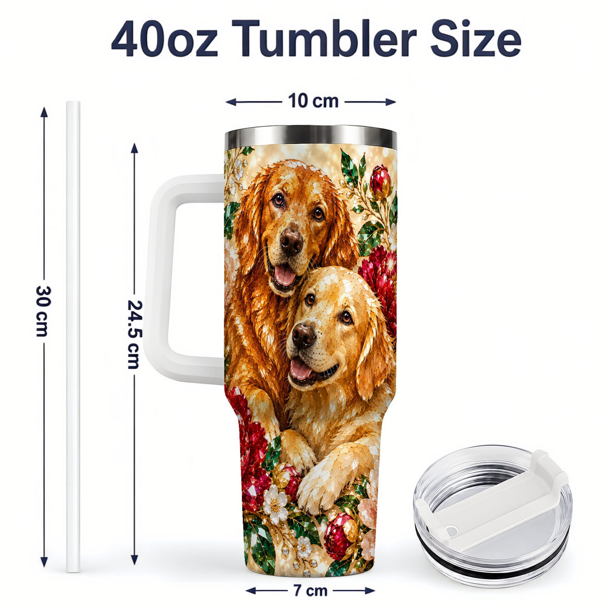 #pl[40oz|White] Faceted Golden Retriever Floral 40oz Tumbler, Drinkware for Dog Lovers