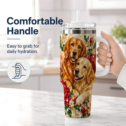 #pl[40oz|White] Faceted Golden Retriever Floral 40oz Tumbler, Drinkware for Dog Lovers