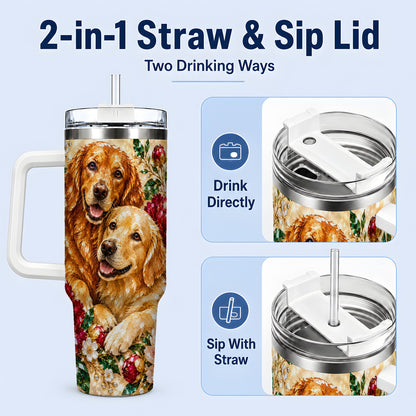 #pl[40oz|White] Faceted Golden Retriever Floral 40oz Tumbler, Drinkware for Dog Lovers