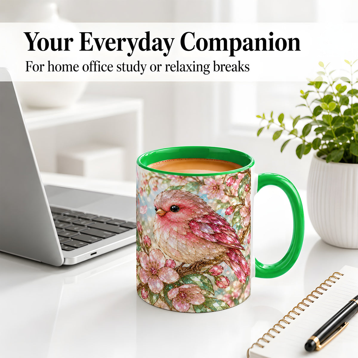 #pl[11oz|Green] Pink Bird Blossom Ceramic Mug, Faceted Floral Artwork for Bird Lovers