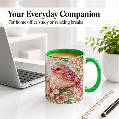#pl[11oz|Green] Pink Bird Blossom Ceramic Mug, Faceted Floral Artwork for Bird Lovers