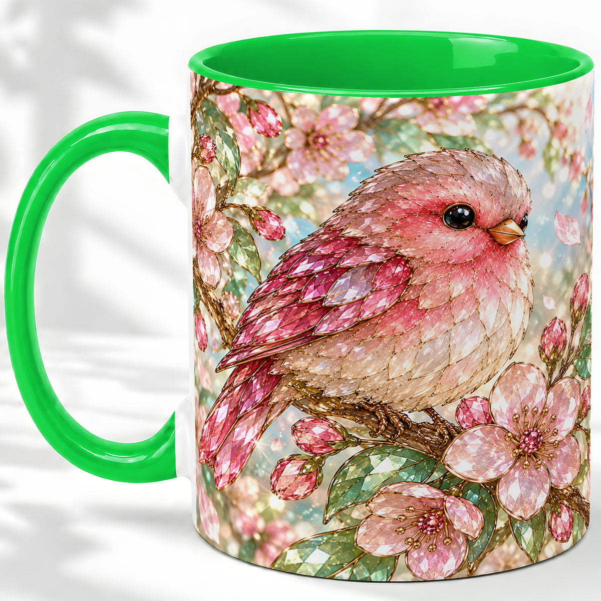 #pl[11oz|Green] Pink Bird Blossom Ceramic Mug, Faceted Floral Artwork for Bird Lovers