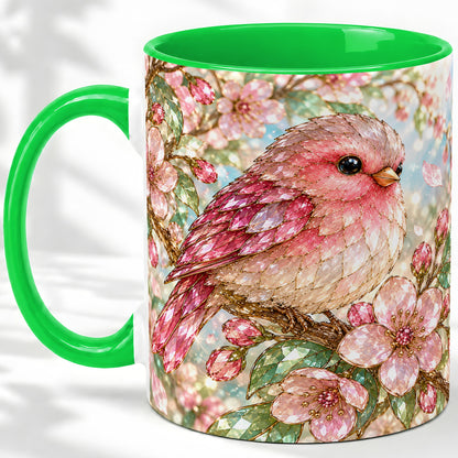 #pl[11oz|Green] Pink Bird Blossom Ceramic Mug, Faceted Floral Artwork for Bird Lovers