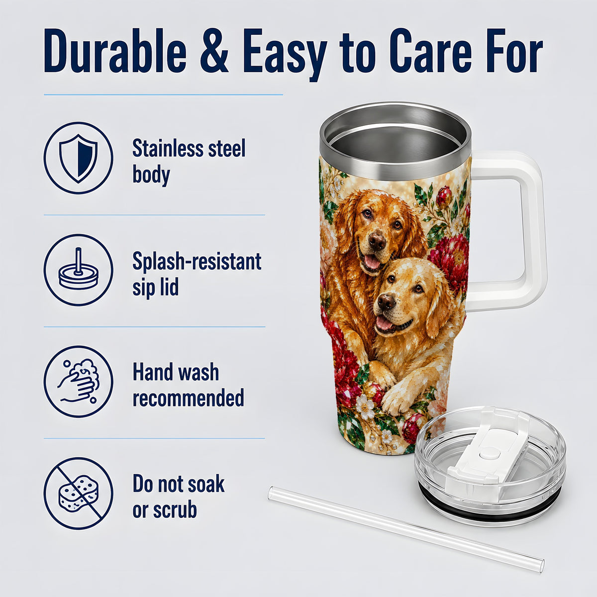 Faceted Golden Retriever Floral 40oz Tumbler, Drinkware for Dog Lovers