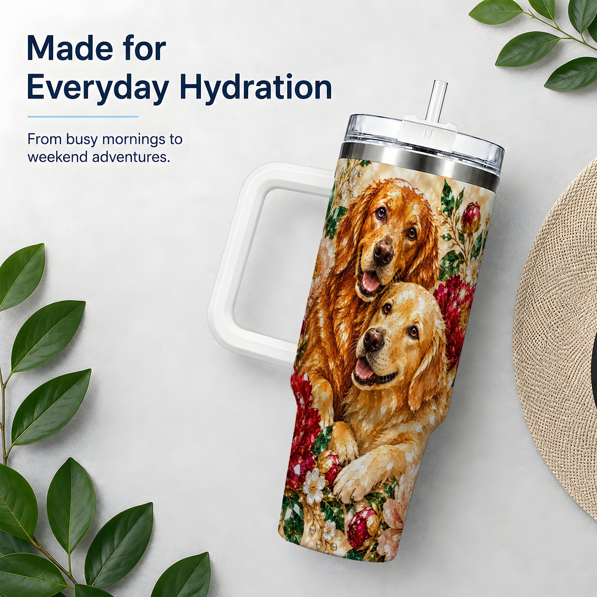 Faceted Golden Retriever Floral 40oz Tumbler, Drinkware for Dog Lovers