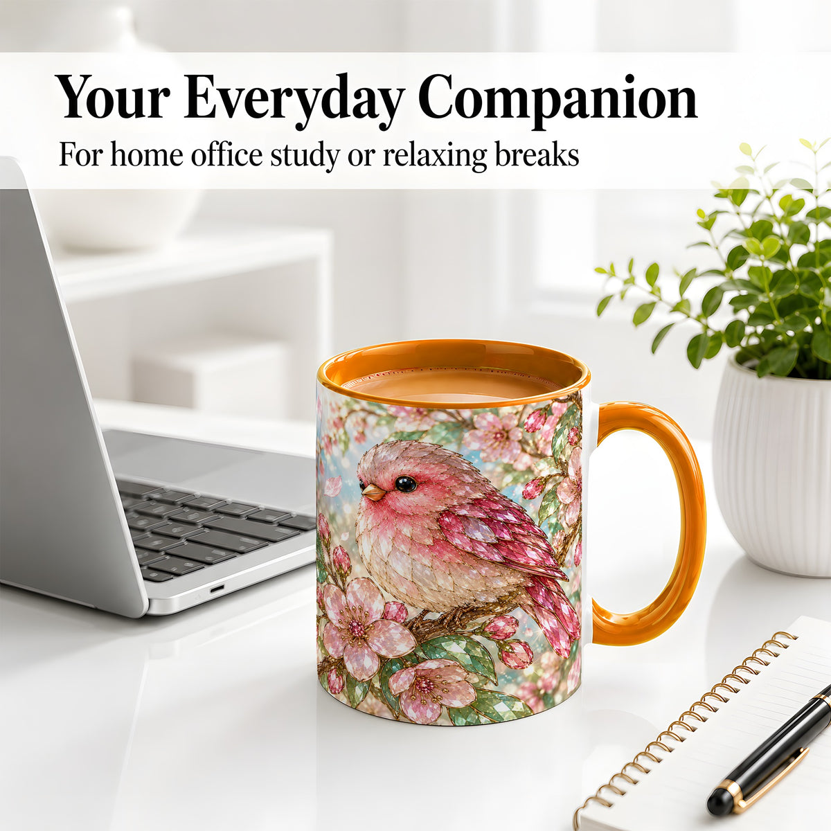 #pl[11oz|Orange] Pink Bird Blossom Ceramic Mug, Faceted Floral Artwork for Bird Lovers