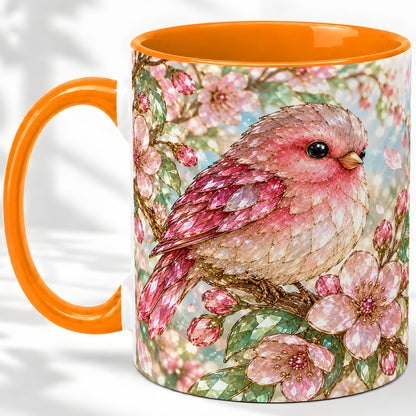 #pl[11oz|Orange] Pink Bird Blossom Ceramic Mug, Faceted Floral Artwork for Bird Lovers