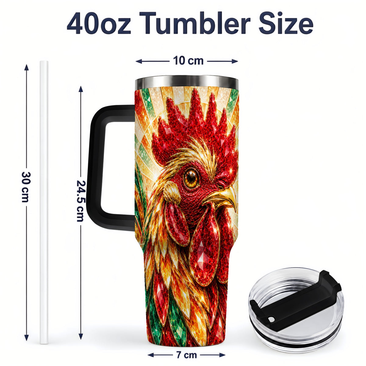 #pl[40oz|Black] Colorful Faceted Rooster 40oz Tumbler, Large Drinkware for Farm Fans