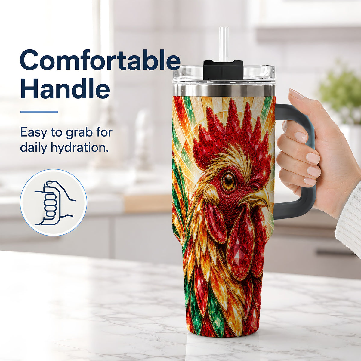 #pl[40oz|Black] Colorful Faceted Rooster 40oz Tumbler, Large Drinkware for Farm Fans