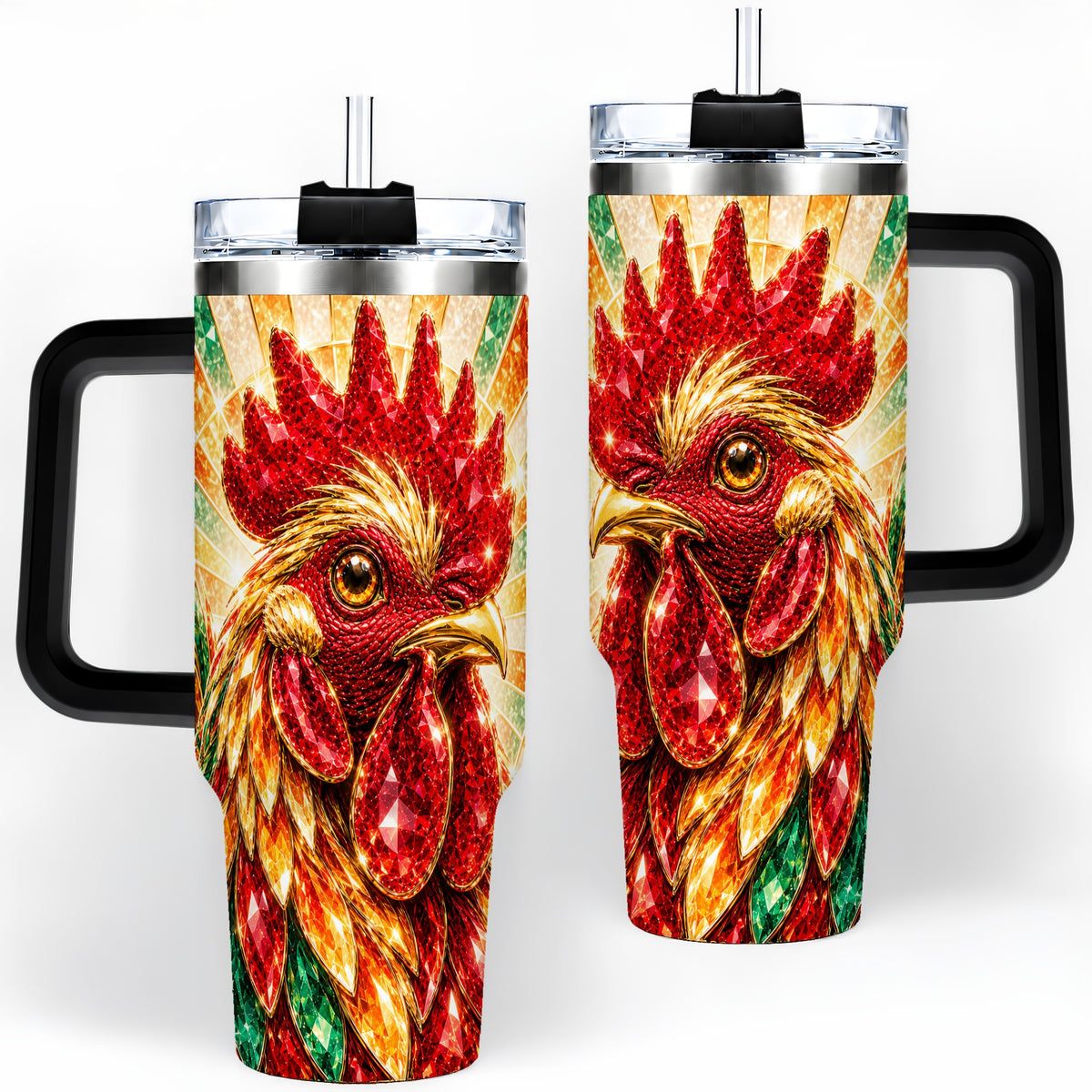 #pl[40oz|Black] Colorful Faceted Rooster 40oz Tumbler, Large Drinkware for Farm Fans