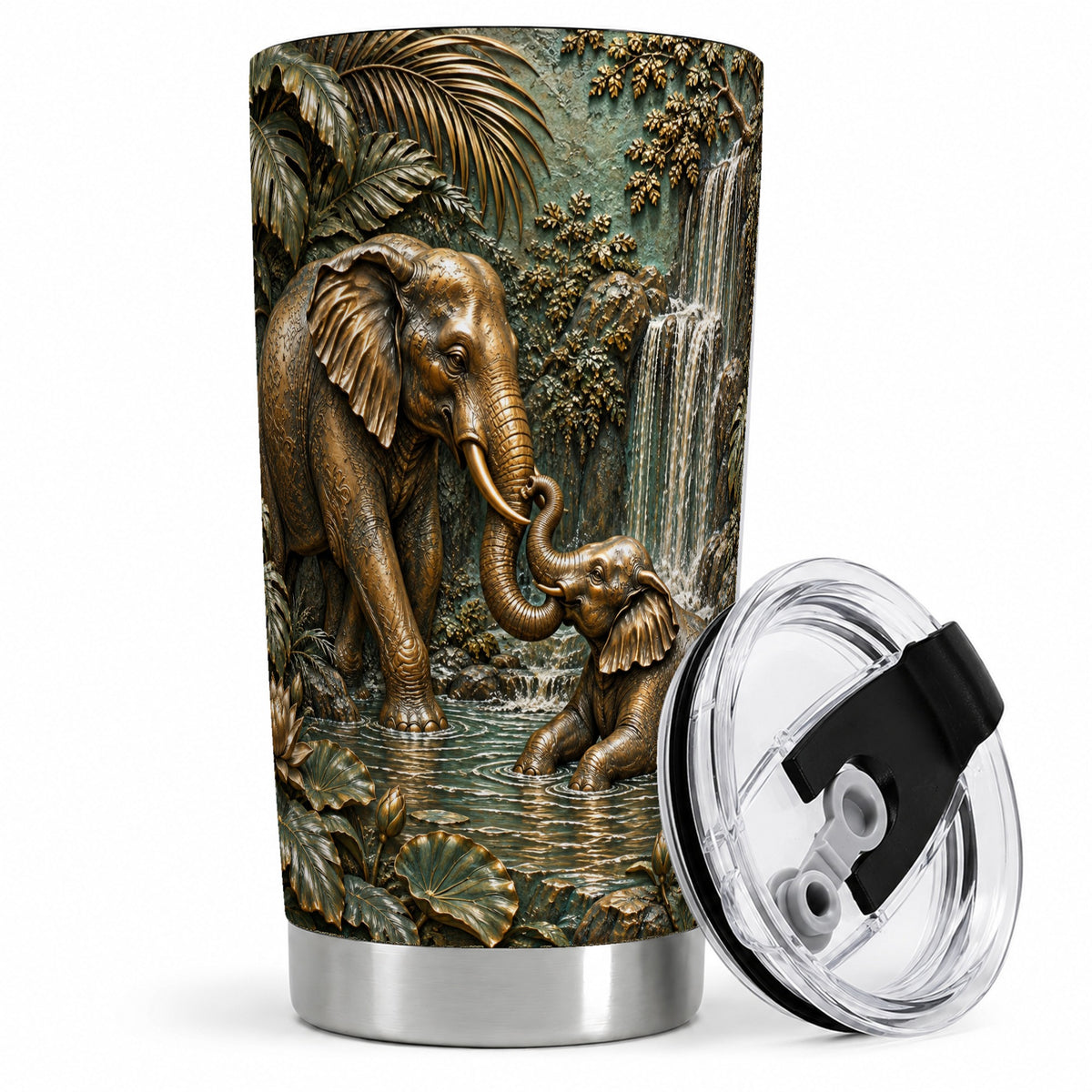 Elephant Family 20oz Tumbler, Bronze Style Jungle Artwork