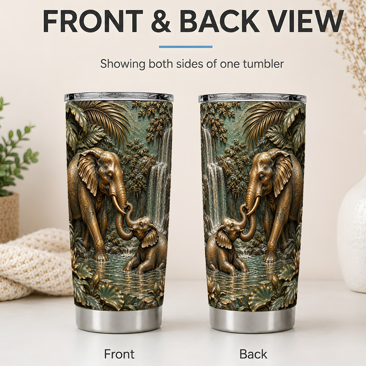 #pl[20oz|Steel] Elephant Family 20oz Tumbler, Bronze Style Jungle Artwork