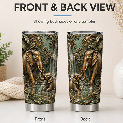 #pl[20oz|Steel] Elephant Family 20oz Tumbler, Bronze Style Jungle Artwork