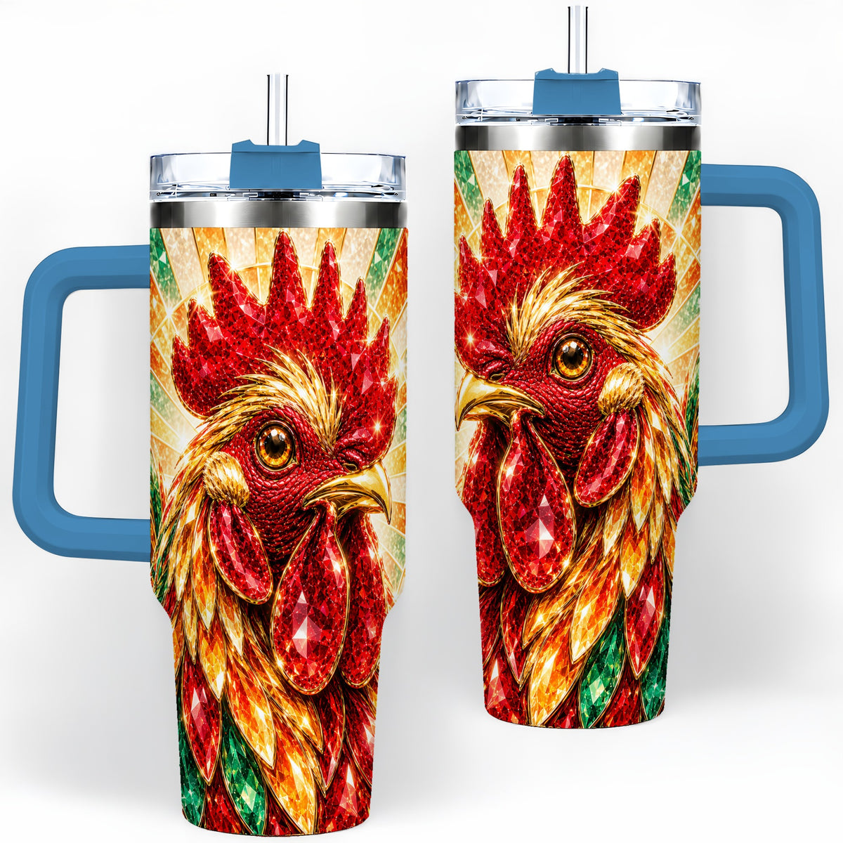 #pl[40oz|Blue] Colorful Faceted Rooster 40oz Tumbler, Large Drinkware for Farm Fans
