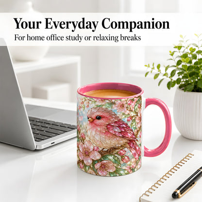 #pl[11oz|Pink] Pink Bird Blossom Ceramic Mug, Faceted Floral Artwork for Bird Lovers