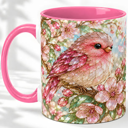 #pl[11oz|Pink] Pink Bird Blossom Ceramic Mug, Faceted Floral Artwork for Bird Lovers