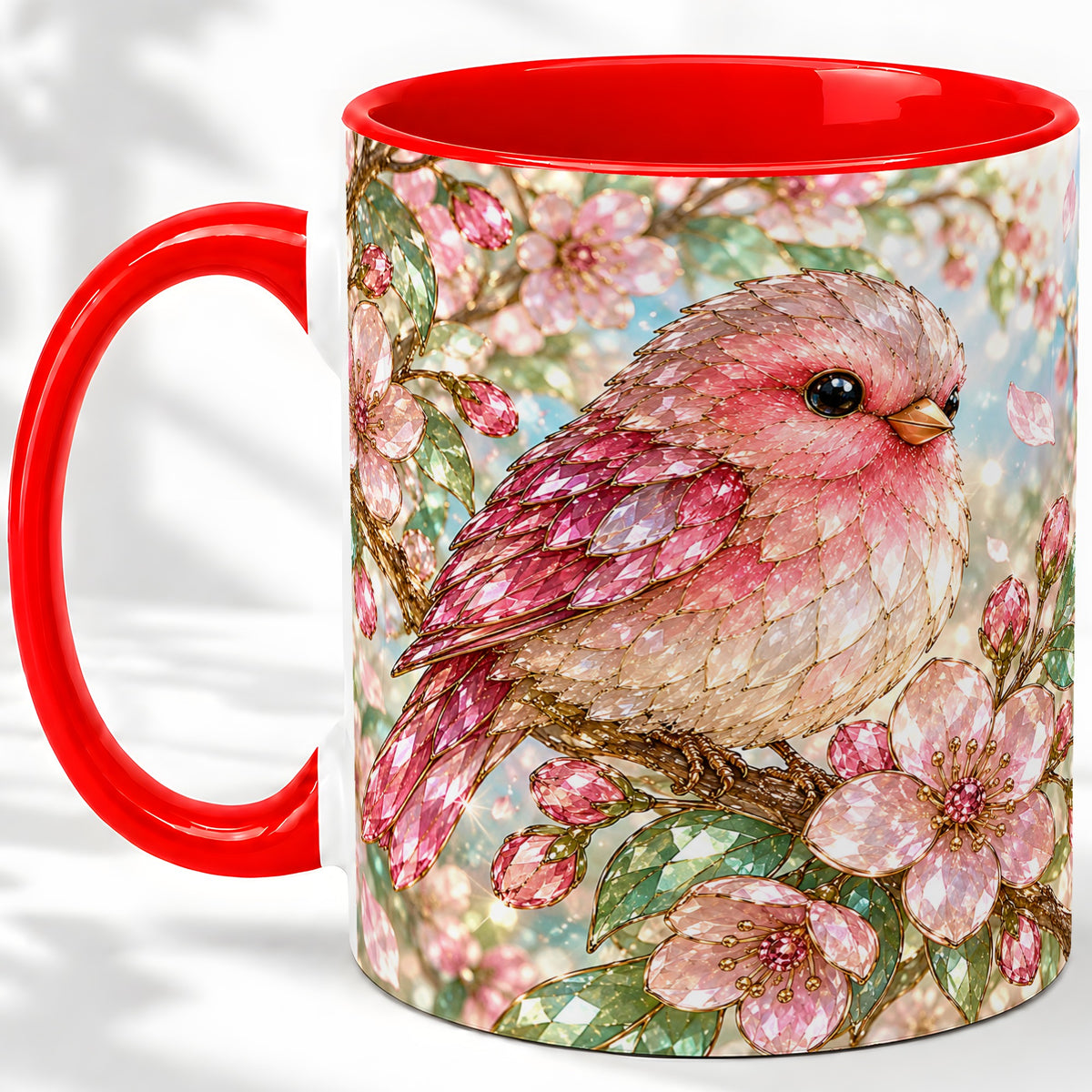 Pink Bird Blossom Ceramic Mug, Faceted Floral Artwork for Bird Lovers