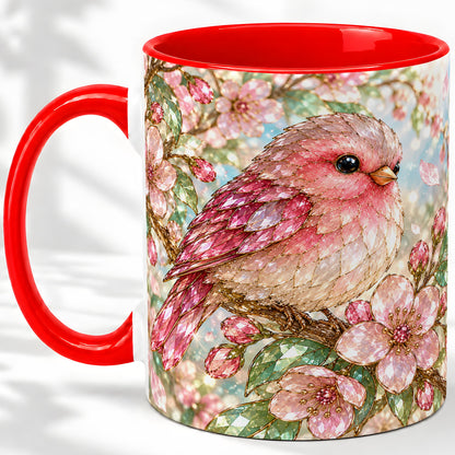 Pink Bird Blossom Ceramic Mug, Faceted Floral Artwork for Bird Lovers