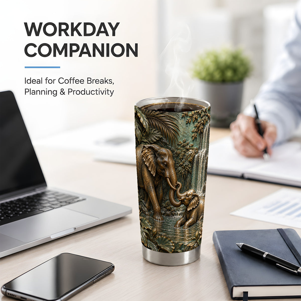 Elephant Family 20oz Tumbler, Bronze Style Jungle Artwork