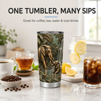 Elephant Family 20oz Tumbler, Bronze Style Jungle Artwork