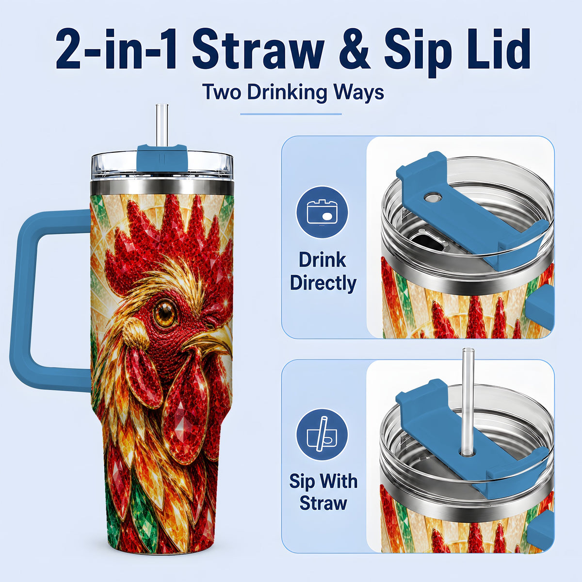 #pl[40oz|Blue] Colorful Faceted Rooster 40oz Tumbler, Large Drinkware for Farm Fans