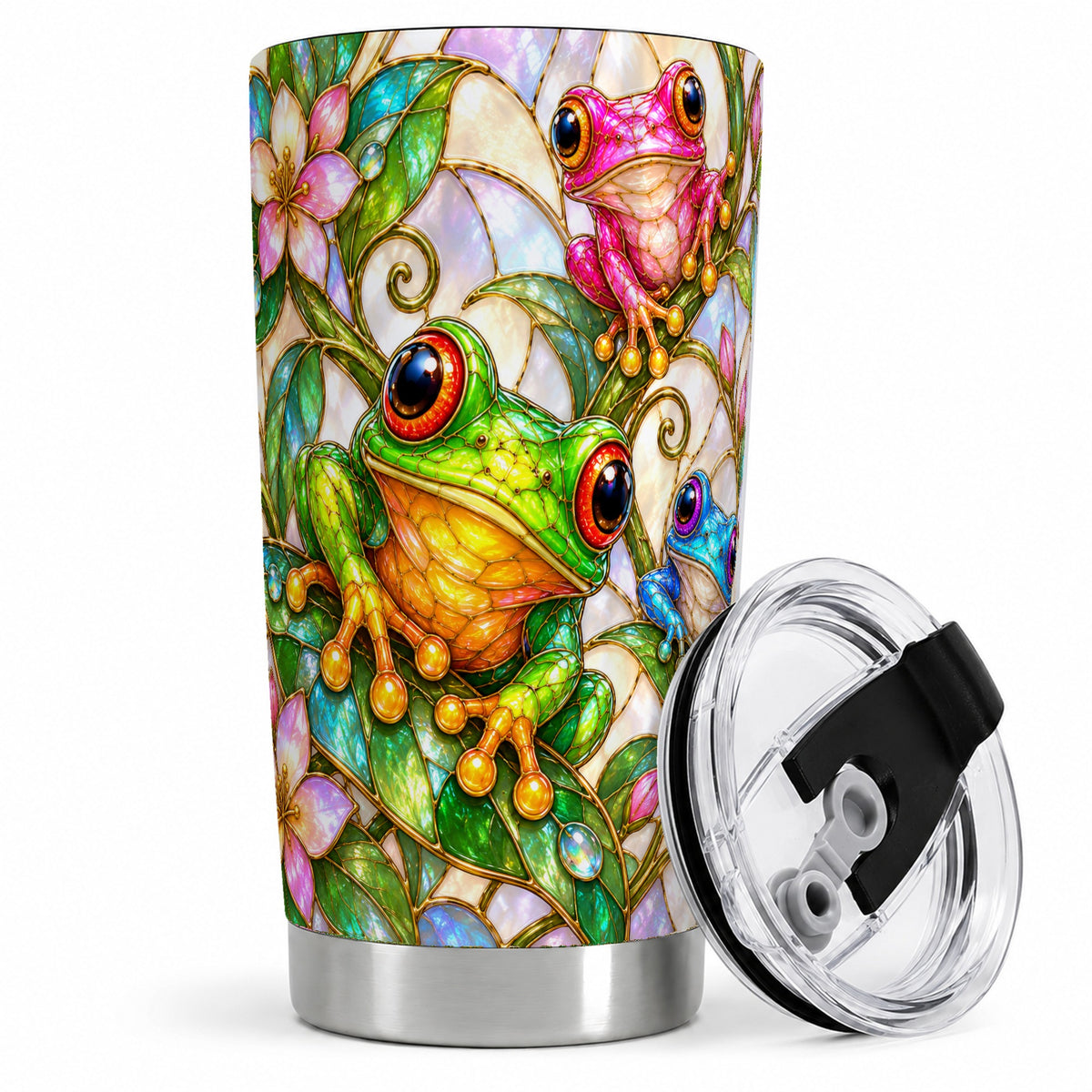 Colorful Frog 20oz Tumbler, Stained Glass Style Floral Artwork
