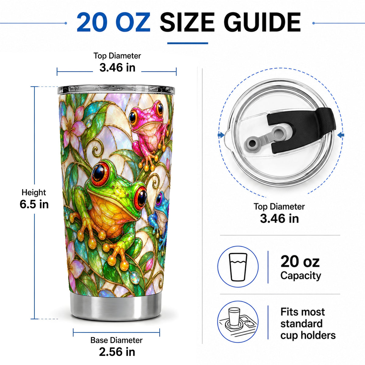 #pl[20oz|Steel] Colorful Frog 20oz Tumbler, Stained Glass Style Floral Artwork