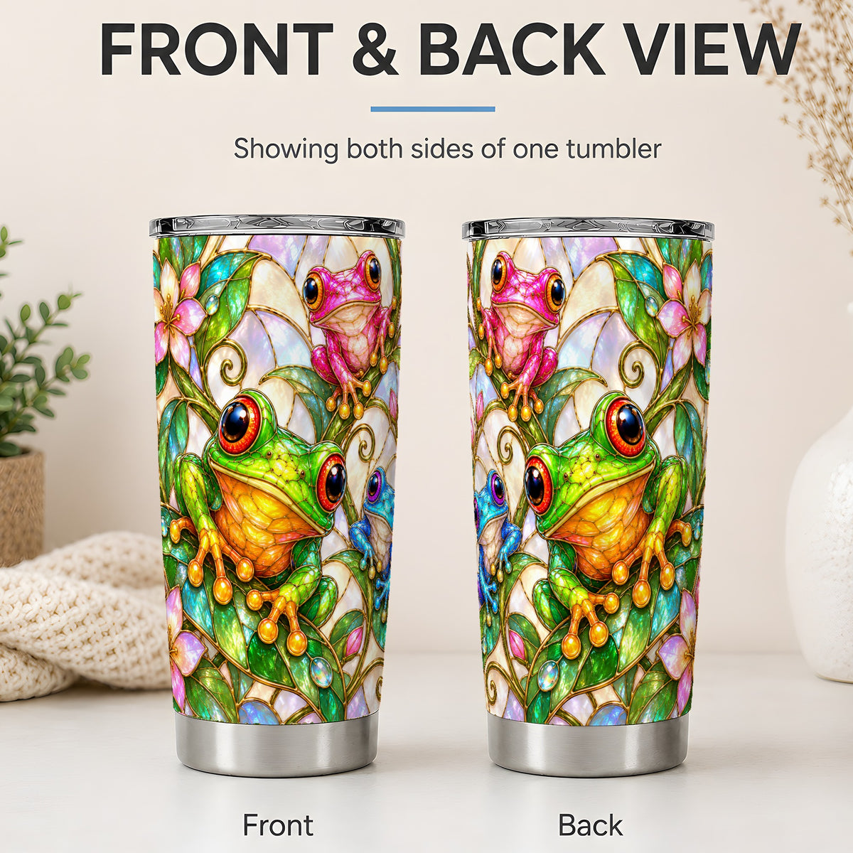 #pl[20oz|Steel] Colorful Frog 20oz Tumbler, Stained Glass Style Floral Artwork