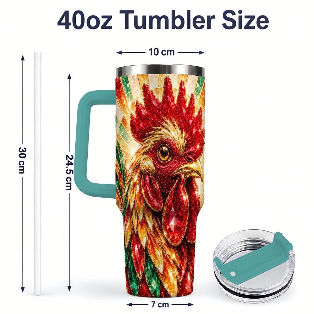 #pl[40oz|Green] Colorful Faceted Rooster 40oz Tumbler, Large Drinkware for Farm Fans
