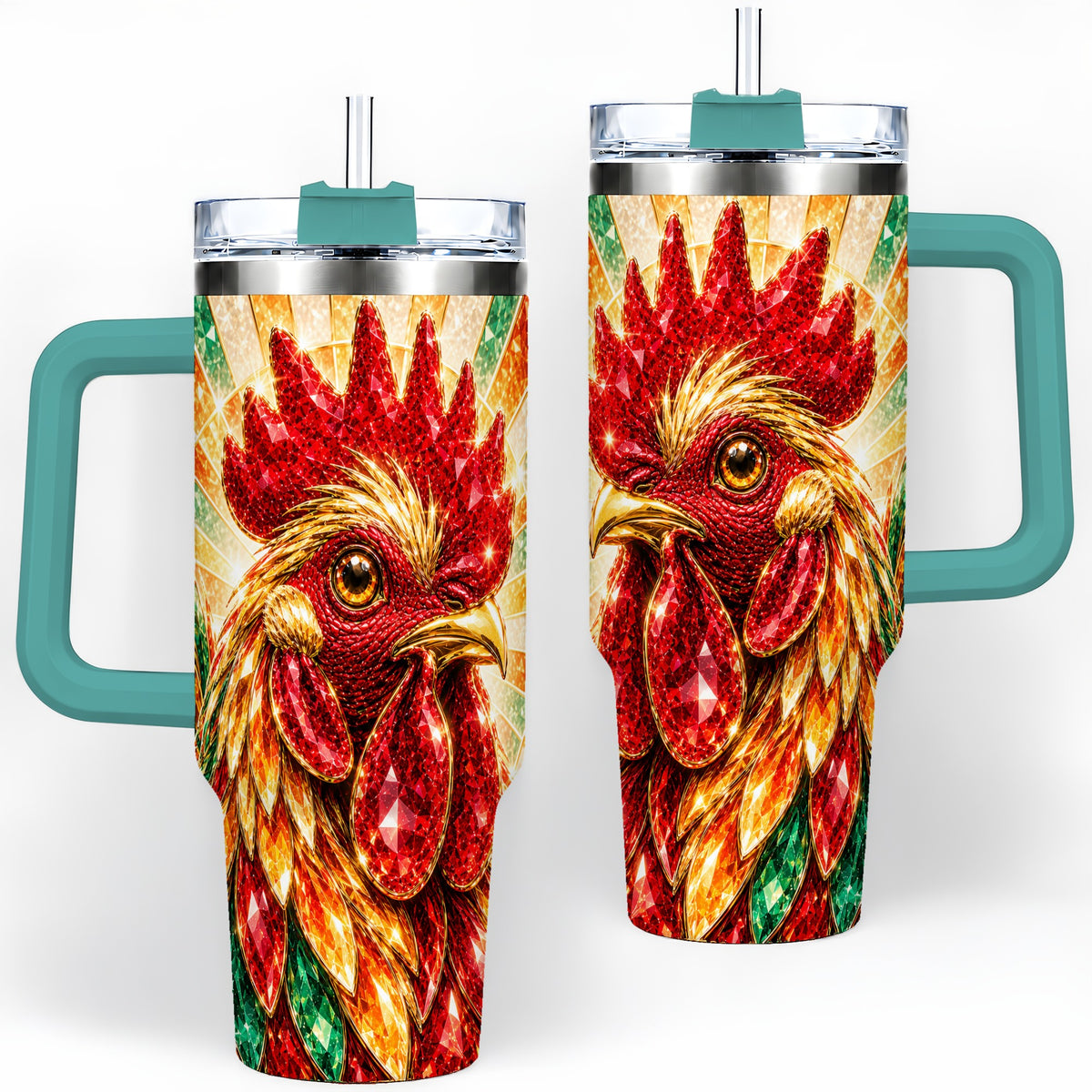 #pl[40oz|Green] Colorful Faceted Rooster 40oz Tumbler, Large Drinkware for Farm Fans