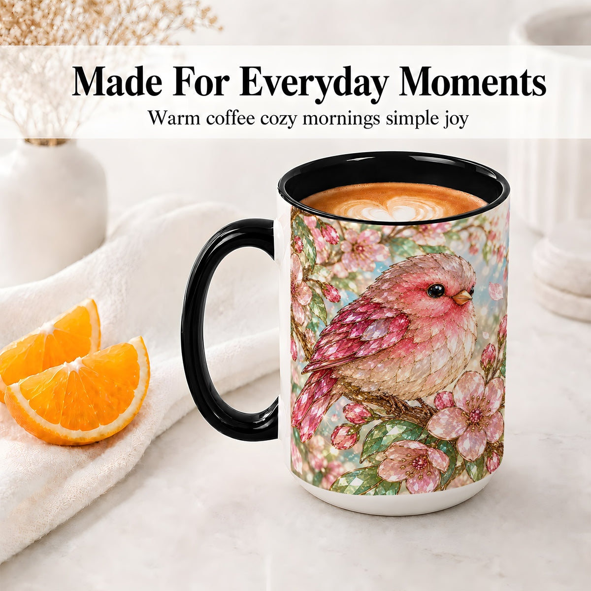 #pl[15oz|Black] Pink Bird Blossom Ceramic Mug, Faceted Floral Artwork for Bird Lovers