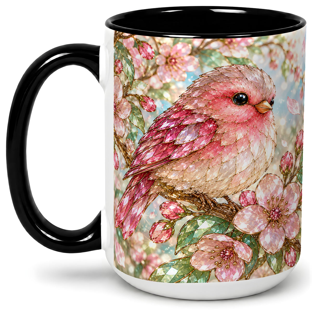 #pl[15oz|Black] Pink Bird Blossom Ceramic Mug, Faceted Floral Artwork for Bird Lovers