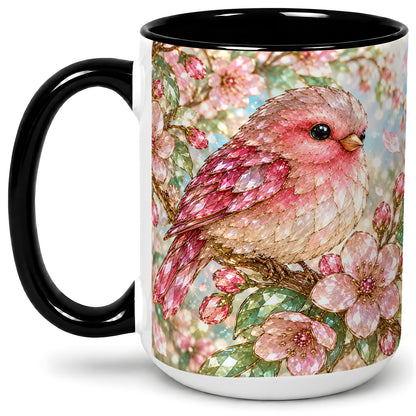 #pl[15oz|Black] Pink Bird Blossom Ceramic Mug, Faceted Floral Artwork for Bird Lovers