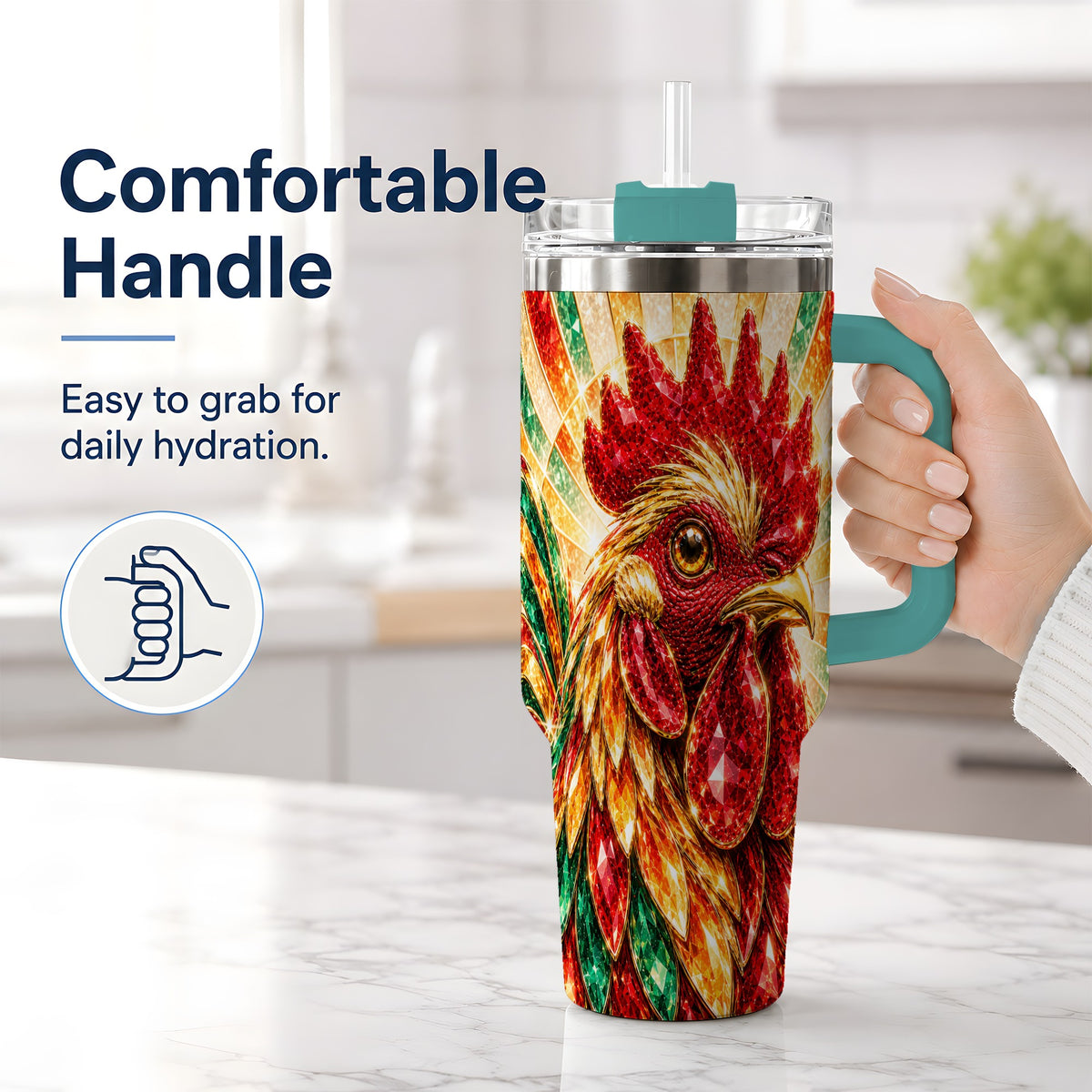 #pl[40oz|Green] Colorful Faceted Rooster 40oz Tumbler, Large Drinkware for Farm Fans