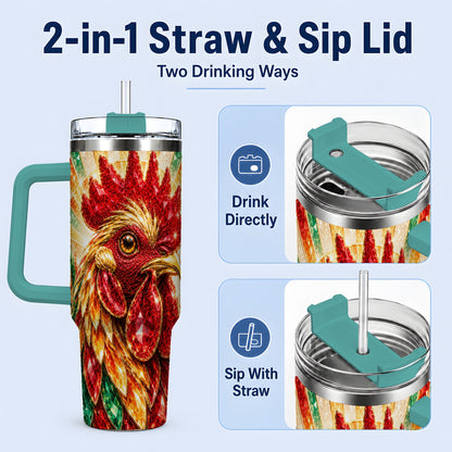 #pl[40oz|Green] Colorful Faceted Rooster 40oz Tumbler, Large Drinkware for Farm Fans