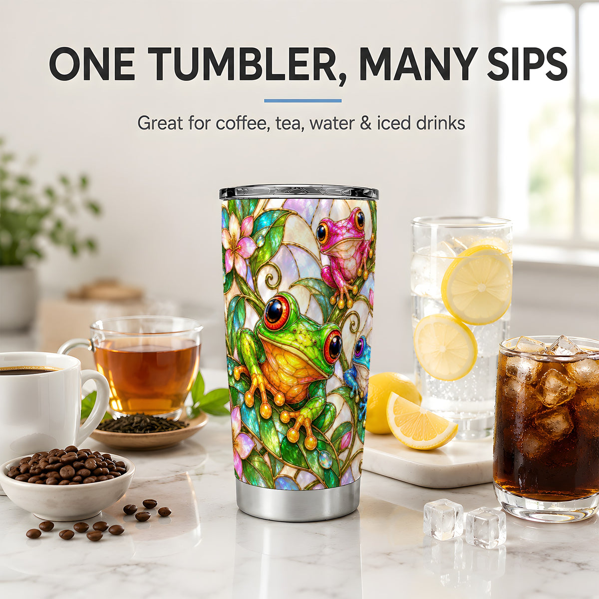 Colorful Frog 20oz Tumbler, Stained Glass Style Floral Artwork