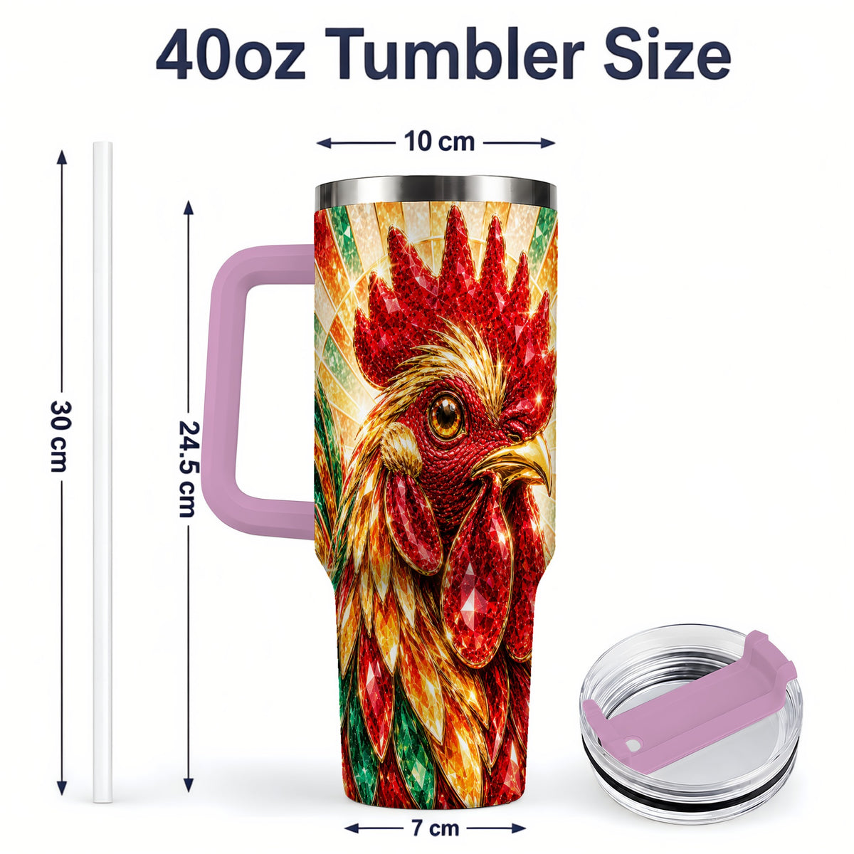 #pl[40oz|Pink] Colorful Faceted Rooster 40oz Tumbler, Large Drinkware for Farm Fans