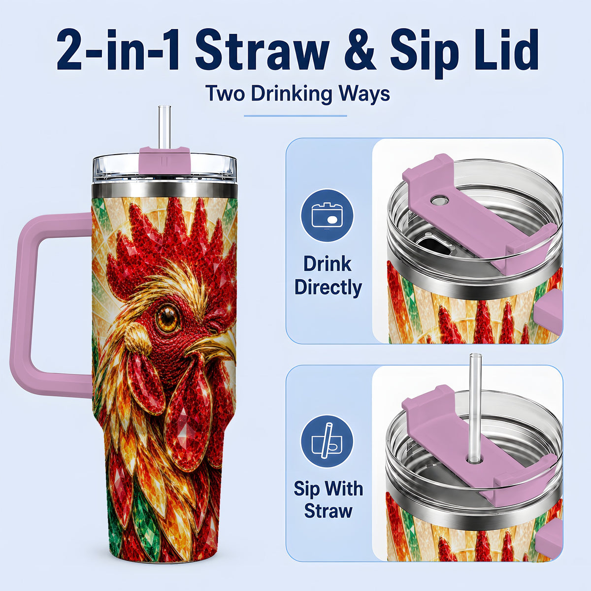 #pl[40oz|Pink] Colorful Faceted Rooster 40oz Tumbler, Large Drinkware for Farm Fans